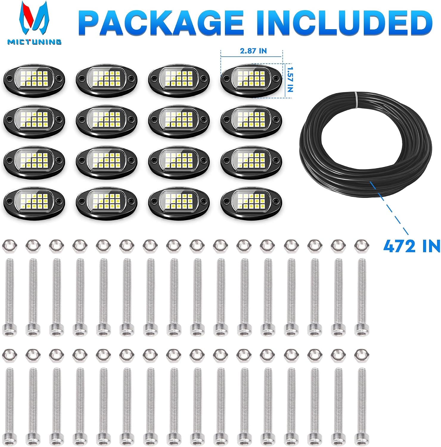 MICTUNING Upgraded 240 LEDs 16 Pods Pure White Ultra Bright Rock Lights Kit | 6000K Pure White, 160° Wide-Angle Illumination, Wide Applications, for UTVs, RVs and Motorcycles