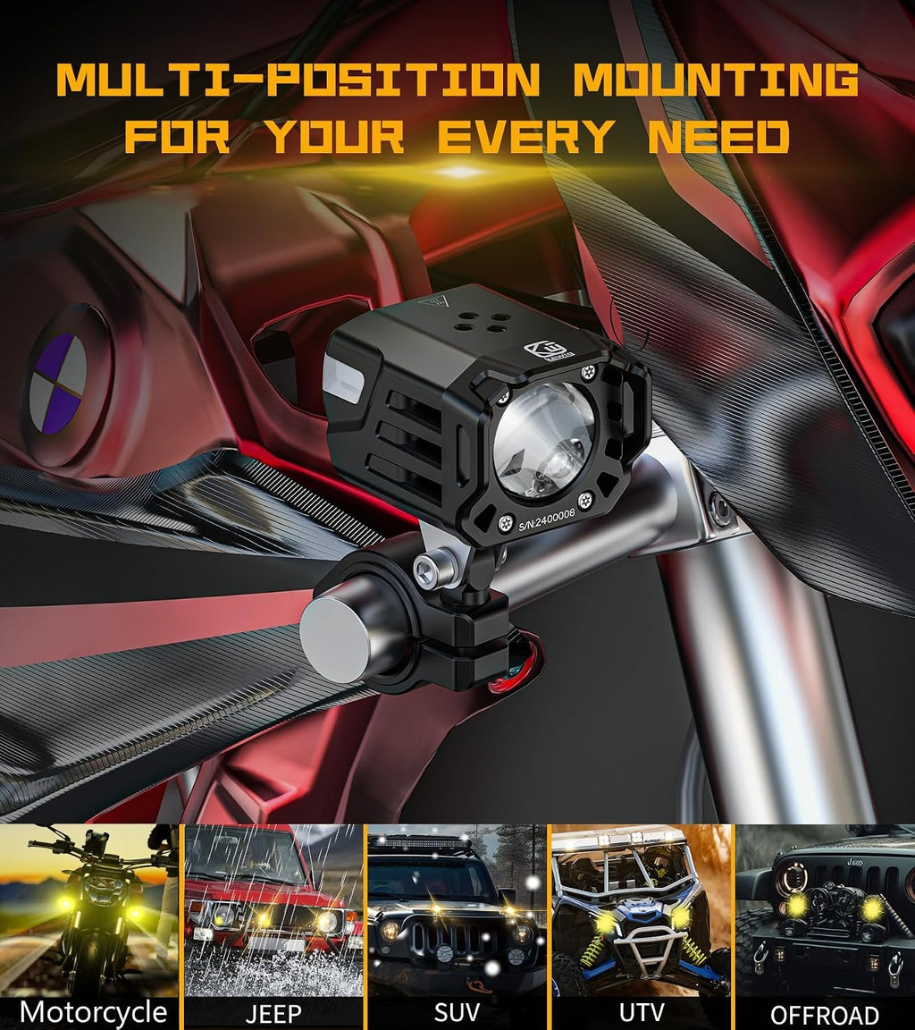 Kewig Motorcycle Auxiliary LED Fog Light 60W Amber Spotlight Lights | Motorcycle Driving Light Kit with Amber Breathing DRL, Dual Color LED Light Pod Off-road Work Light for Motorcycle Jeep Truck