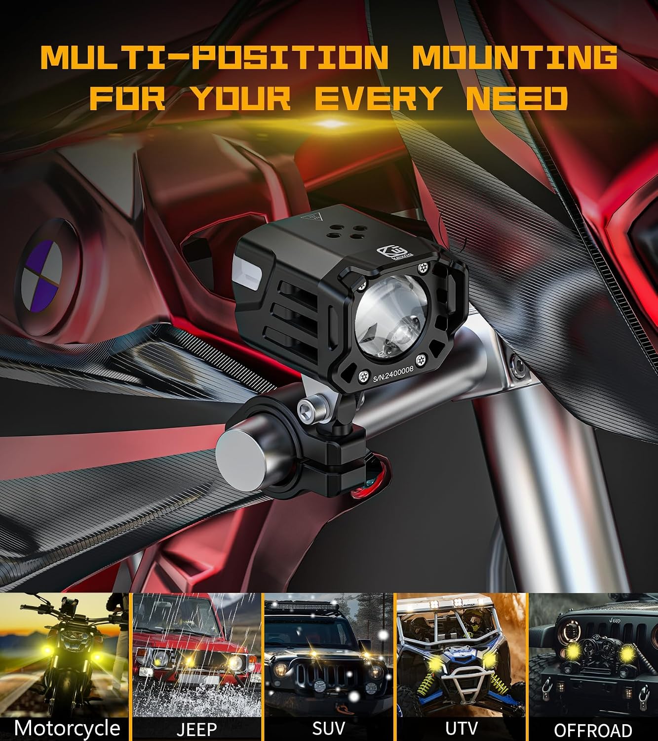 Kewig Motorcycle Auxiliary LED Fog Light 60W Amber Spotlight Lights | Motorcycle Driving Light Kit with Amber Breathing DRL, Dual Color LED Light Pod Off-road Work Light for Motorcycle Jeep Truck