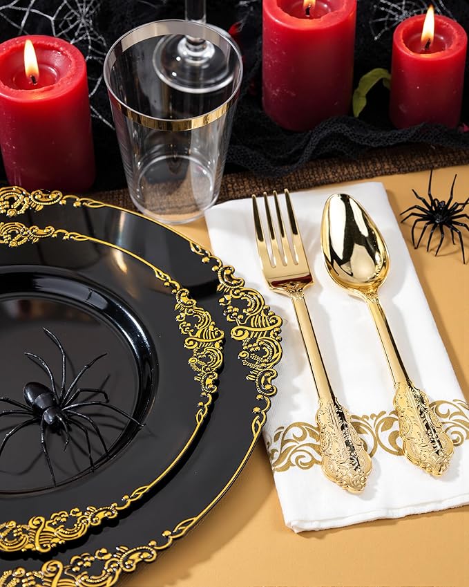 Nervure 350PCS Black Plastic Plates - Black Plastic Dinnerware Sets for 50 Gu...