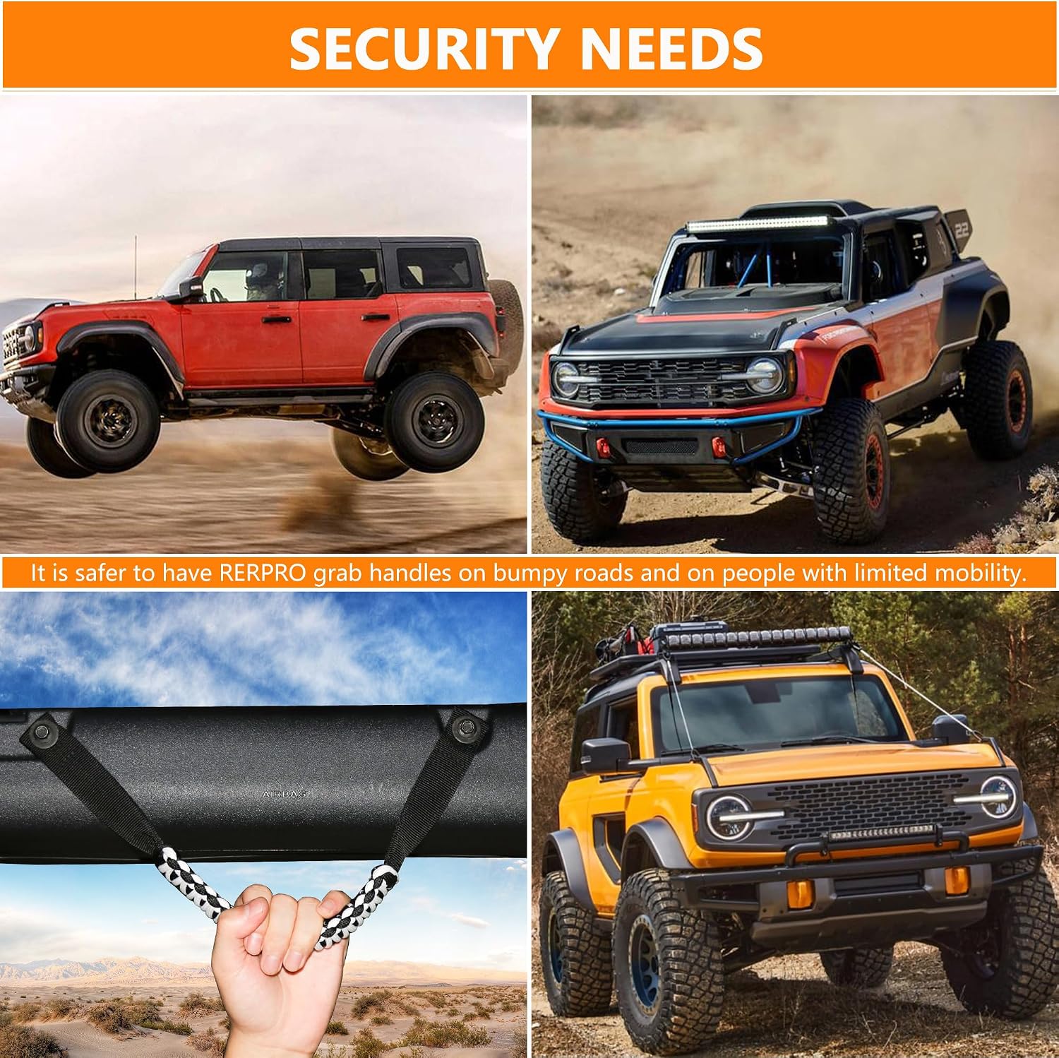 4 Pack Grab Handles for Ford Bronco Accessories 2021 2022 2023 2024 2025 2 Door 4 Door Interior Paracord Roll Bar Grip Door Handle No Embroidery White