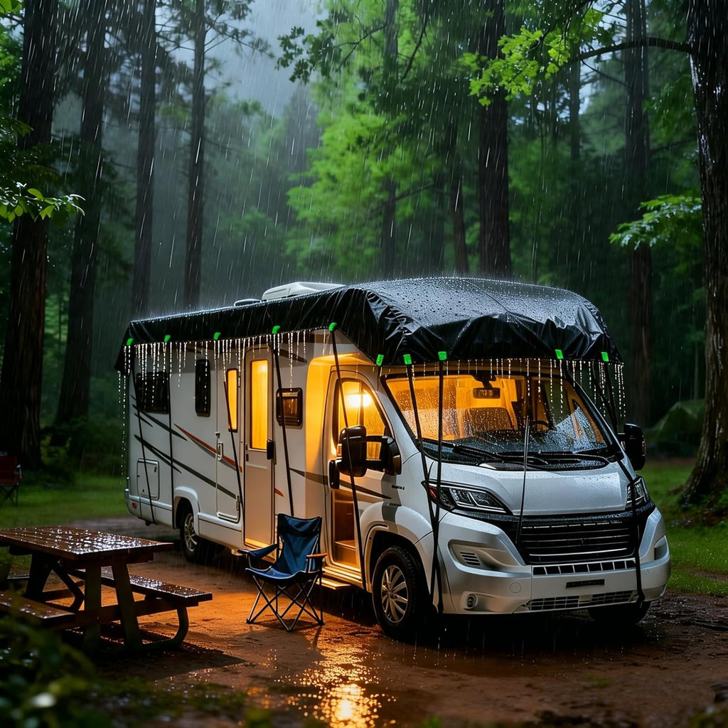 600D Heavy-Duty Wide Width RV Roof Cover — Featuring Reflective Strips,Camper roof Cover, Waterproof UV Resistant, Travel Trailers, Class C/B/A Motorhomes, Popup & Truck Campers,RVs, Black 8.5m*3.3m