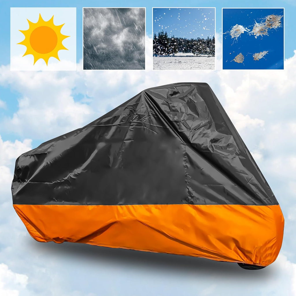 Motorcycle Cover XXXL Waterproof for Harley for Ultra Classic Davidson, Large for Street Glide for Electra for Touring FLHTCU for Road King for GL for Honda for Goldwing Outdoor Weather (Orange Black)