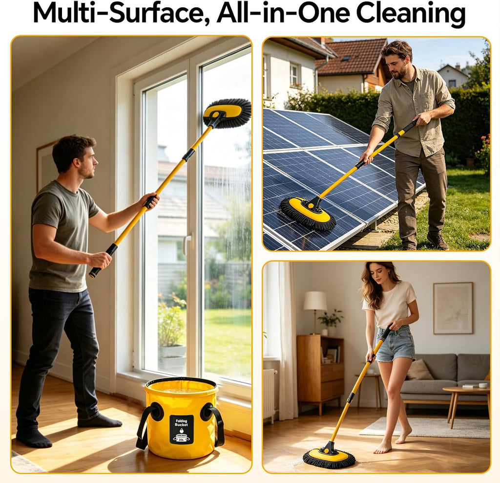 7-in-1 Car Wash Kit with 20L Collapsible Bucket & Brush – Car Wash Mop with Long Handle, 15° Curved Aluminum Pole for SUV Roof, Car Washing Brushes & Cleaning Supplies, RVs-Yellow.