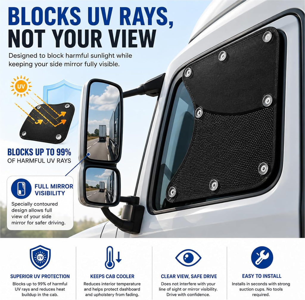 Semi Truck Side Window Sun Shades for Hino 258LP 2015-2026, 2 Pack Breathable Privacy Mesh Window Covers with 8 Suction Cups, Driver & Passenger Side | Helps reduce cabin heat, maintains outside visibility, flexible fabric, everyday travel ready