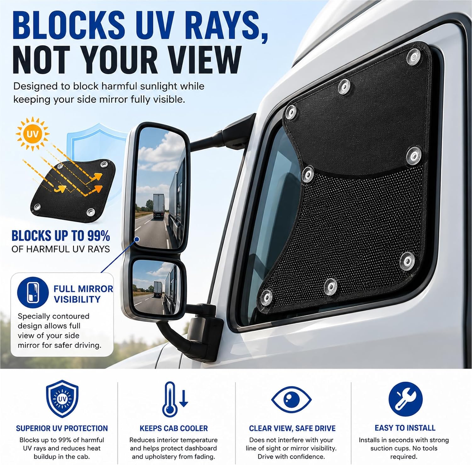 Semi Truck Side Window Sun Shades for Hino 258LP 2015-2026, 2 Pack Breathable Privacy Mesh Window Covers with 8 Suction Cups, Driver & Passenger Side | Helps reduce cabin heat, maintains outside visibility, flexible fabric, everyday travel ready