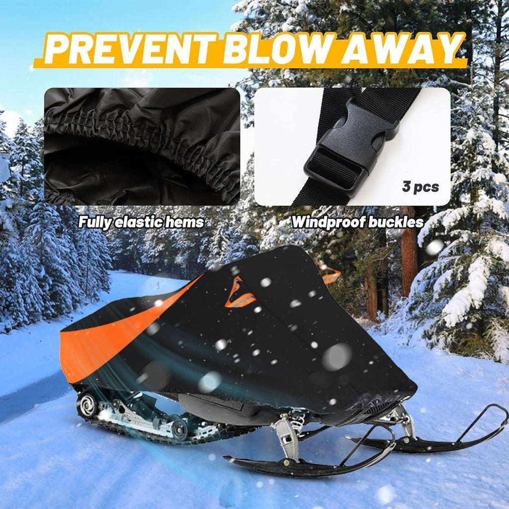 Trailerable Waterproof Snowmobile Cover, Compatible with Polaris Ski Doo Arctic Cat Yamaha, Windproof Snowshield Cover with Windproof Buckles (130''L × 51''W × 48''H) Black and Orange