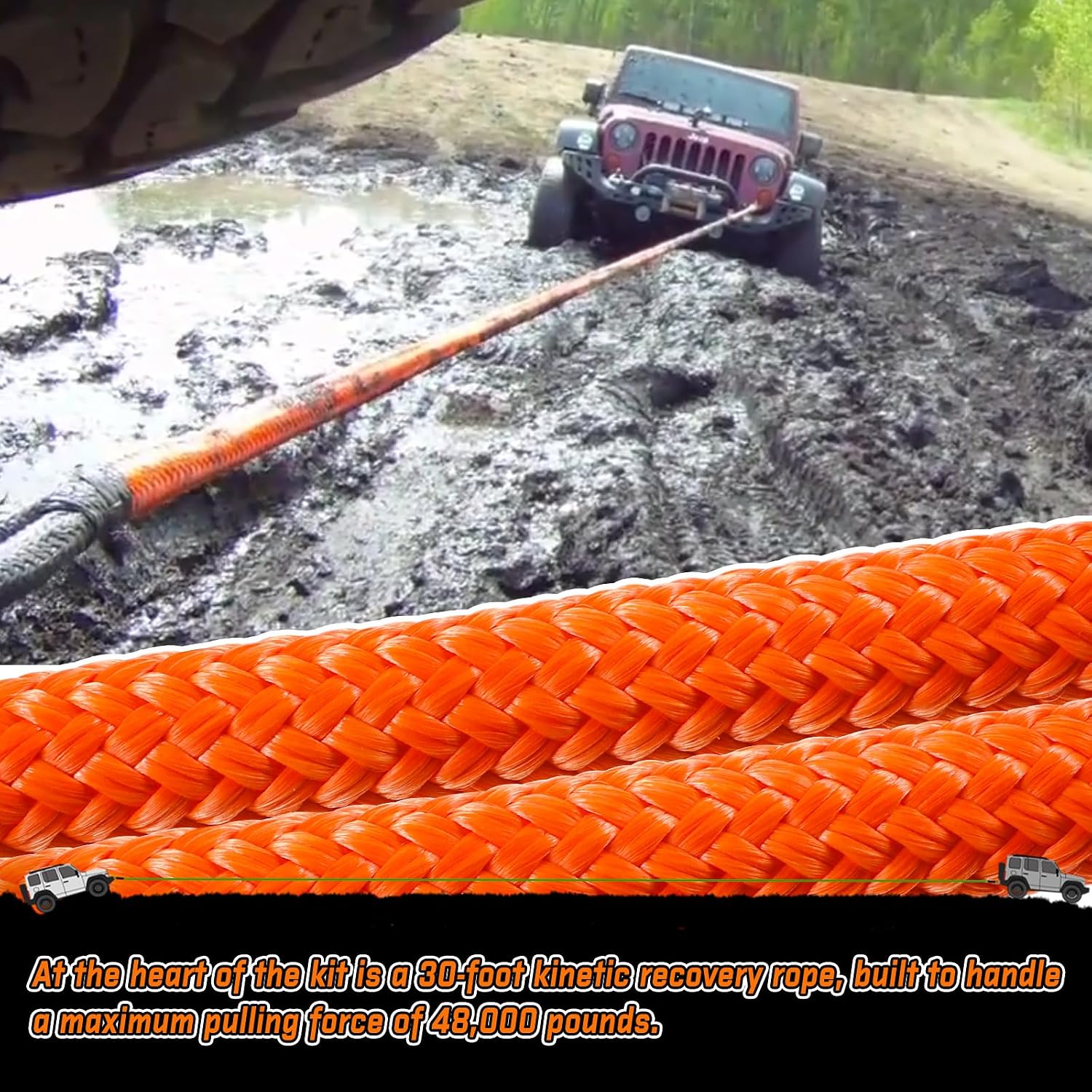 Kinetic Recovery Tow Rope 3/4 in x 30 FT, with Heavy-Duty Offroad Snatch Strap, Vehicle Orange Recovery kit for Jeep car Truck ATV UTV SUV