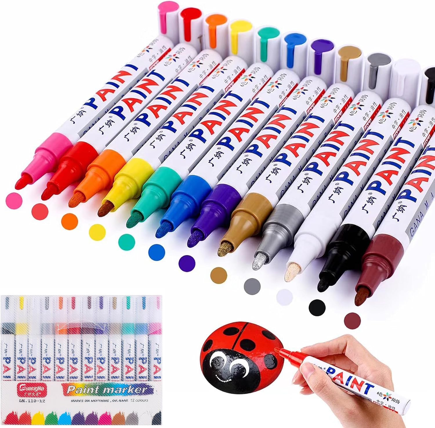 12 Pack Waterproof Tire Paint Pen, Oil Based Tire Marker for Tires Lettering, Multi-Surface Paint Markers for Metal, Wood, Plastic (12 Colors Mix)
