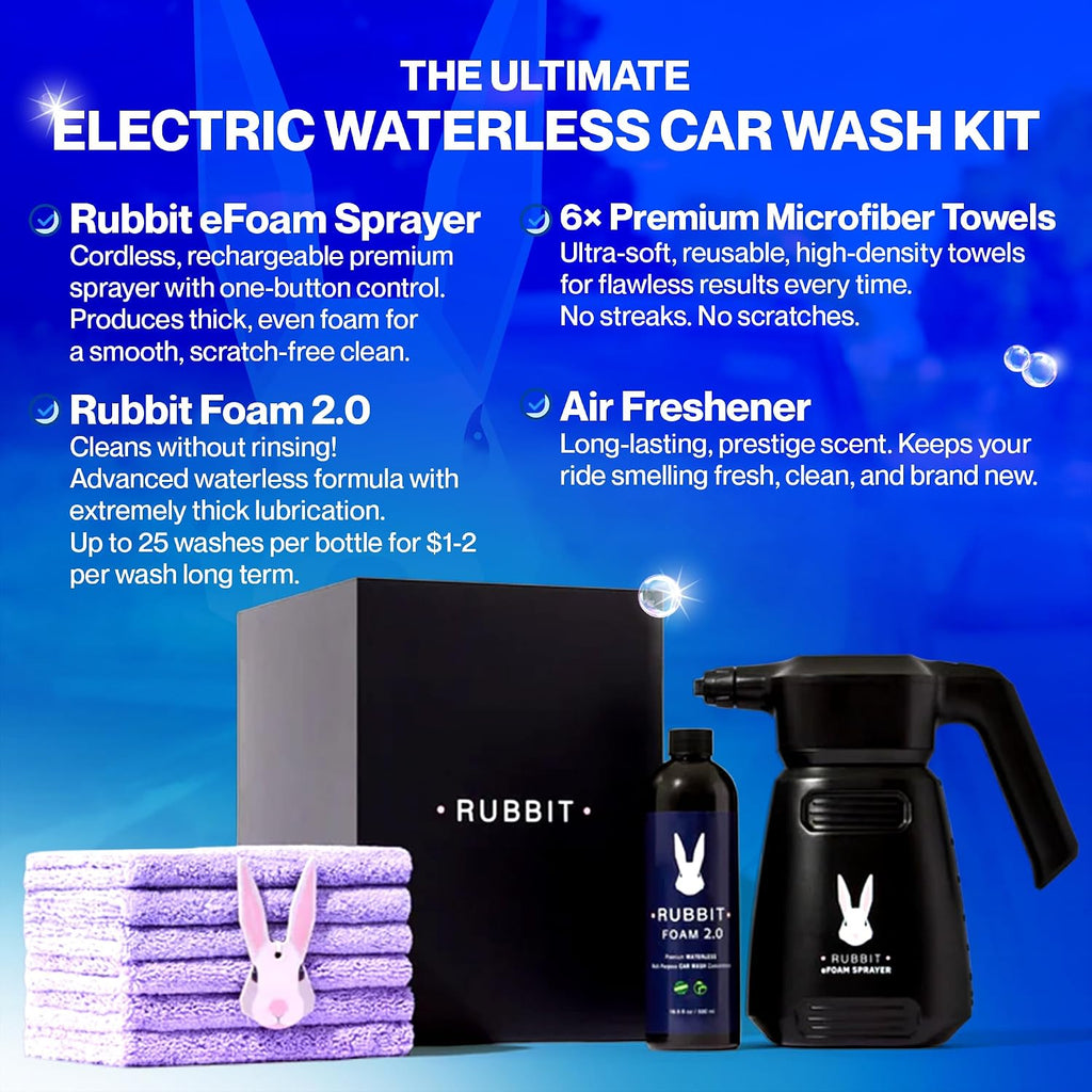 Electric Plus Kit, Waterless Car Wash Kit, Rechargeable Electric Sprayer, Foam 2.0 Solution, 6 Reusable Microfiber Towels, & Air Freshener, Car Cleaning Supplies, 9 Piece Auto Cleaning Kit
