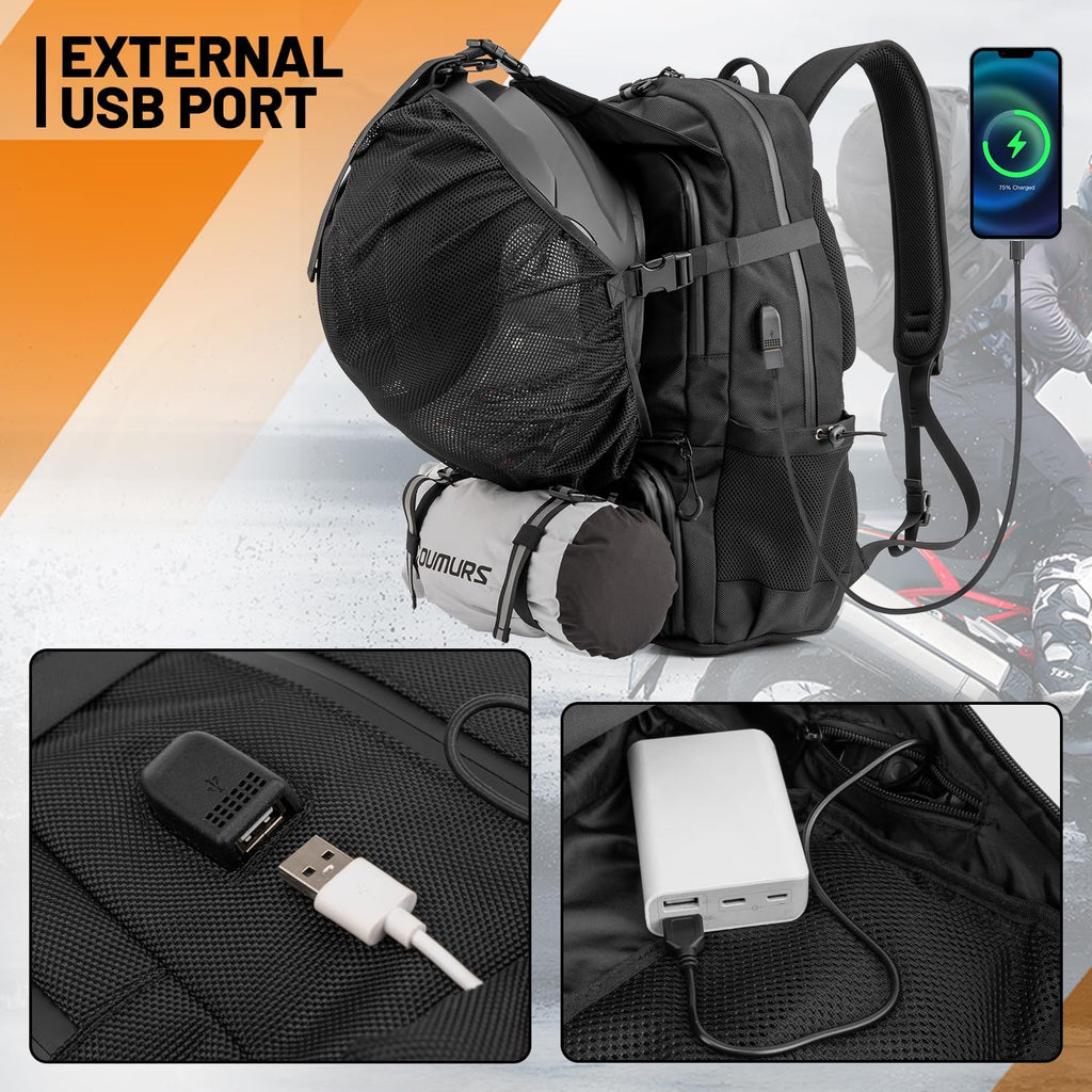 Oumurs Motorcycle Helmet Backpack 50L, Expandable Helmet Bag with Rain Cover, Water-Resistant Black 1680D Oxford Fabric, USB Port, Helmet Strap, Large Capacity for Motorbike Travel & Commuting