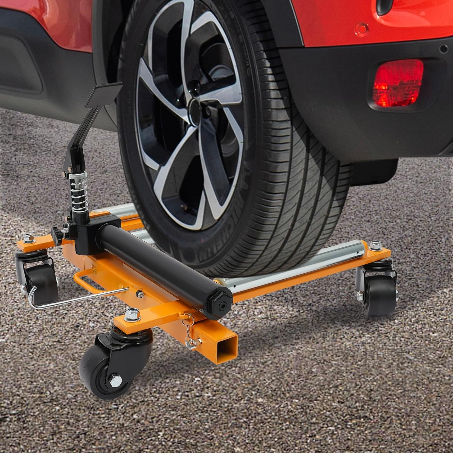 Car Wheel Dolly Jack Mechanical 2204-lbs Steel Car Moving Skates | 12'' Wheel Vehicle Positioning Jack Heavy Duty Rollers with Ratcheting Foot Pedal for Tire Auto Repair Moving, Orange