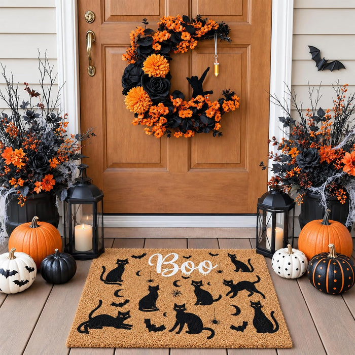 Thiccywoov 2 Pcs Halloween Black Cat Doormat and Wreath Sets for Front Door