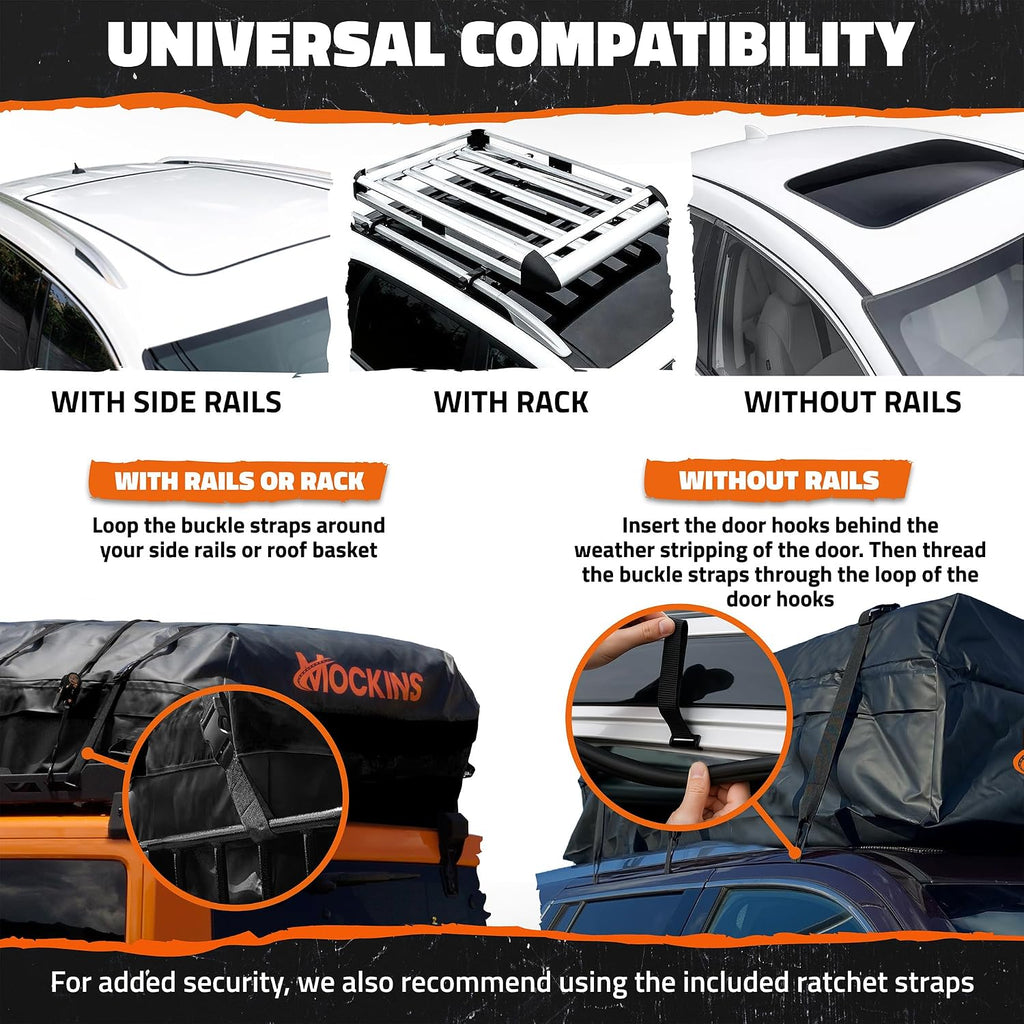 Mockins 40 CuFt XXL Soft-Shell Car Roof Bag 72"x48"x20" with Accessories | Waterproof Rooftop Cargo Carrier for Top of Vehicle | Car Top Carrier Without Roof Rack for Car, Truck, SUV, Van & RV