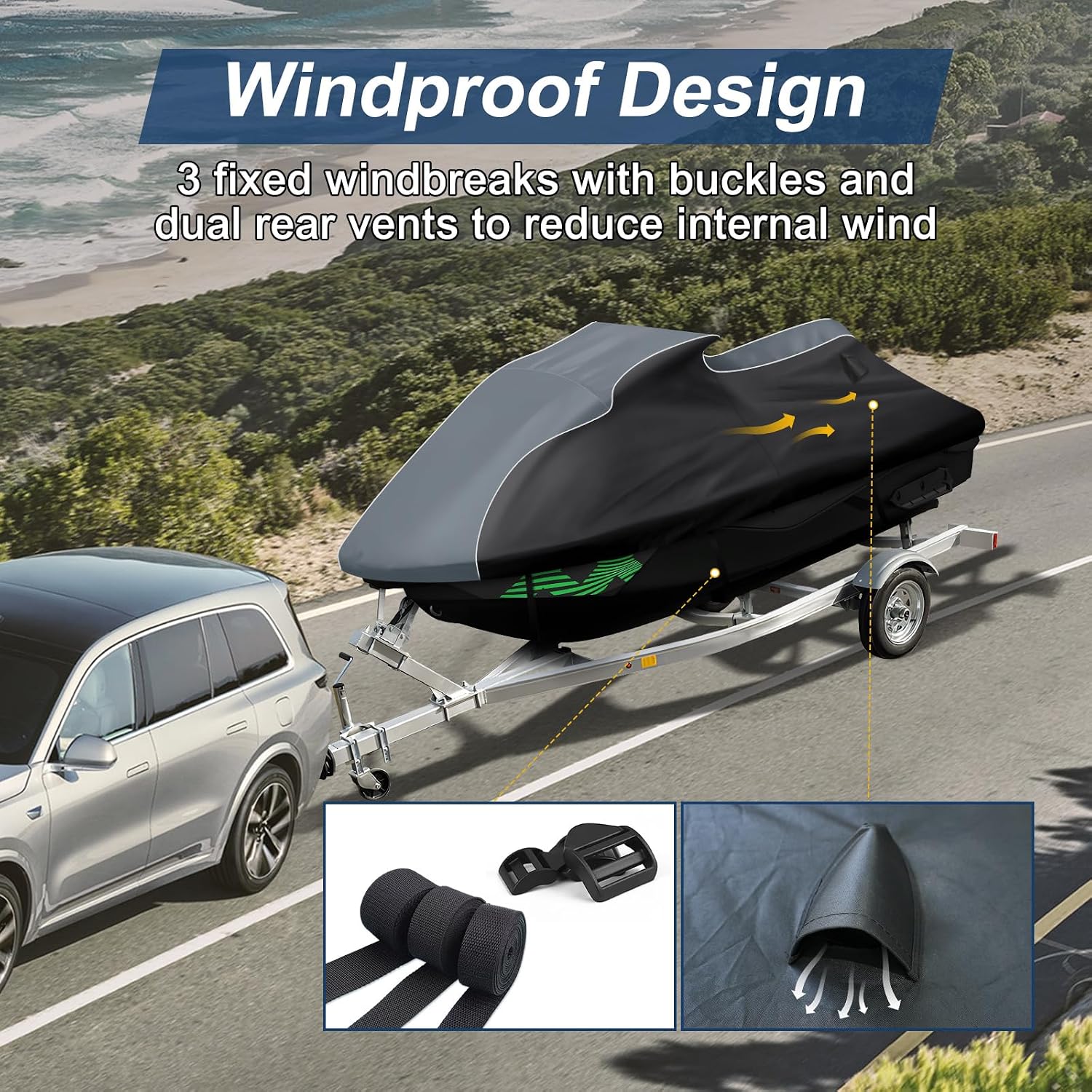 QUNSUNUS Jet Ski Cover for Sea Doo Spark 3up/Trixx 3up 2014-2025, Waterproof Covers with Zipper, All Weather Seadoo Cover with Elastic Edge for Wind, Sun, UV and Dust Protection