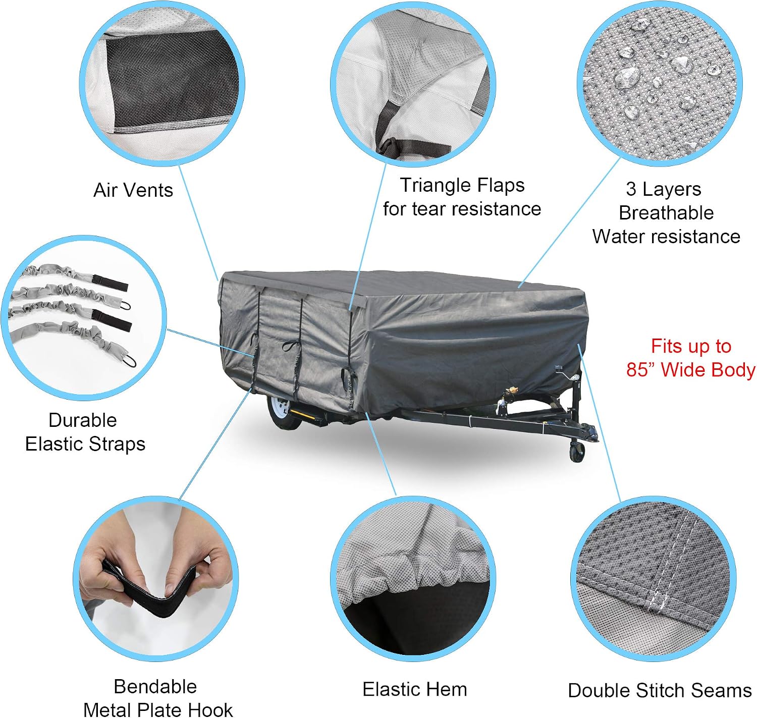 GEARFLAG Pop-up Camper Cover fits 14' - 16' Reinforced Windproof Side-Straps, Anti-UV Water-Resistance Heavy Duty Triple Layers for Trailer RV (Fits 14' - 16')