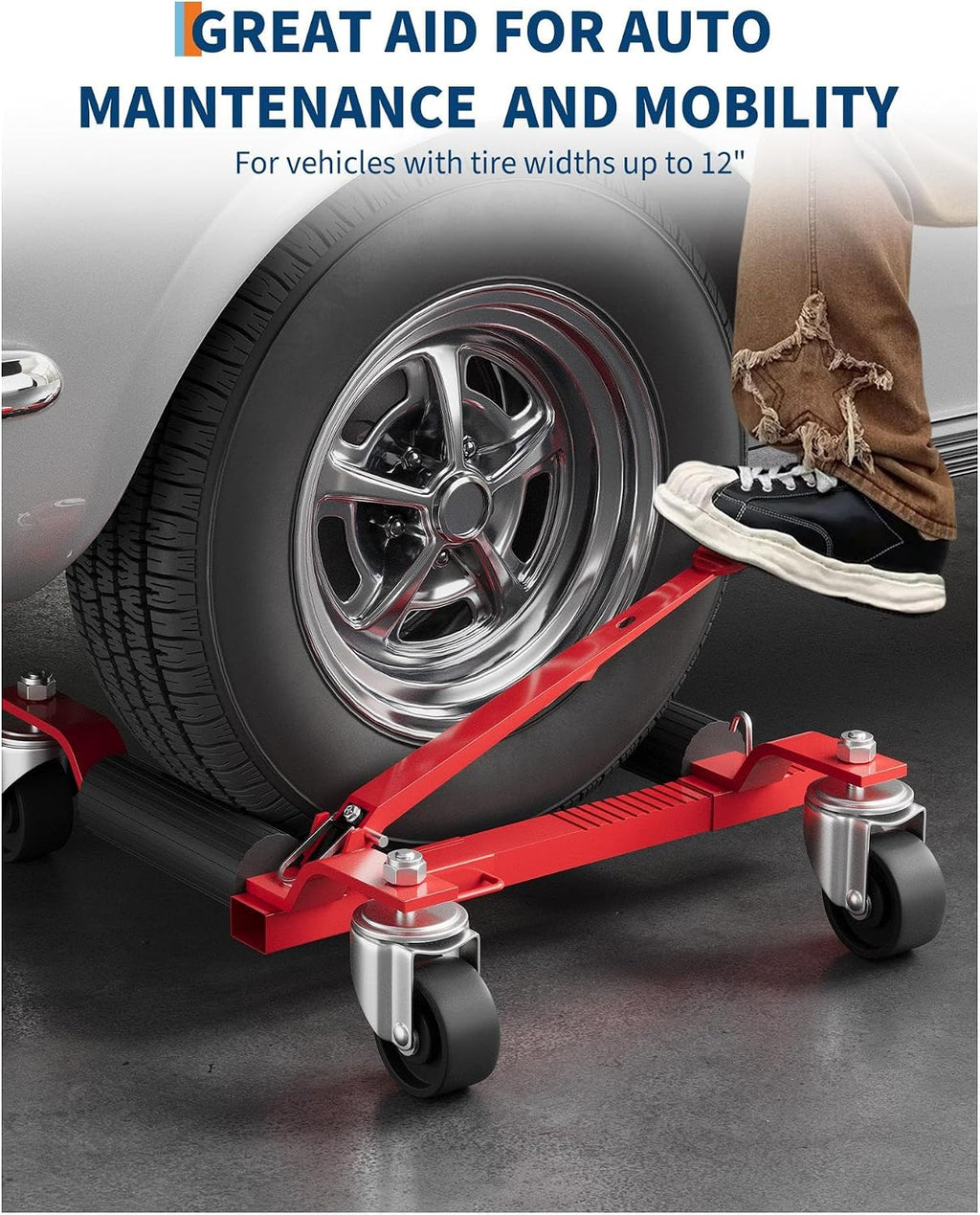 Wheel Dolly Jack 2-Pack, 3000 LBS Capacity Heavy Duty Steel Car Dollies with Ratcheting Foot Pedal, Mechanical Vehicle Positioning Tire Jack for Car, Truck, Trailer, Garage (Red)