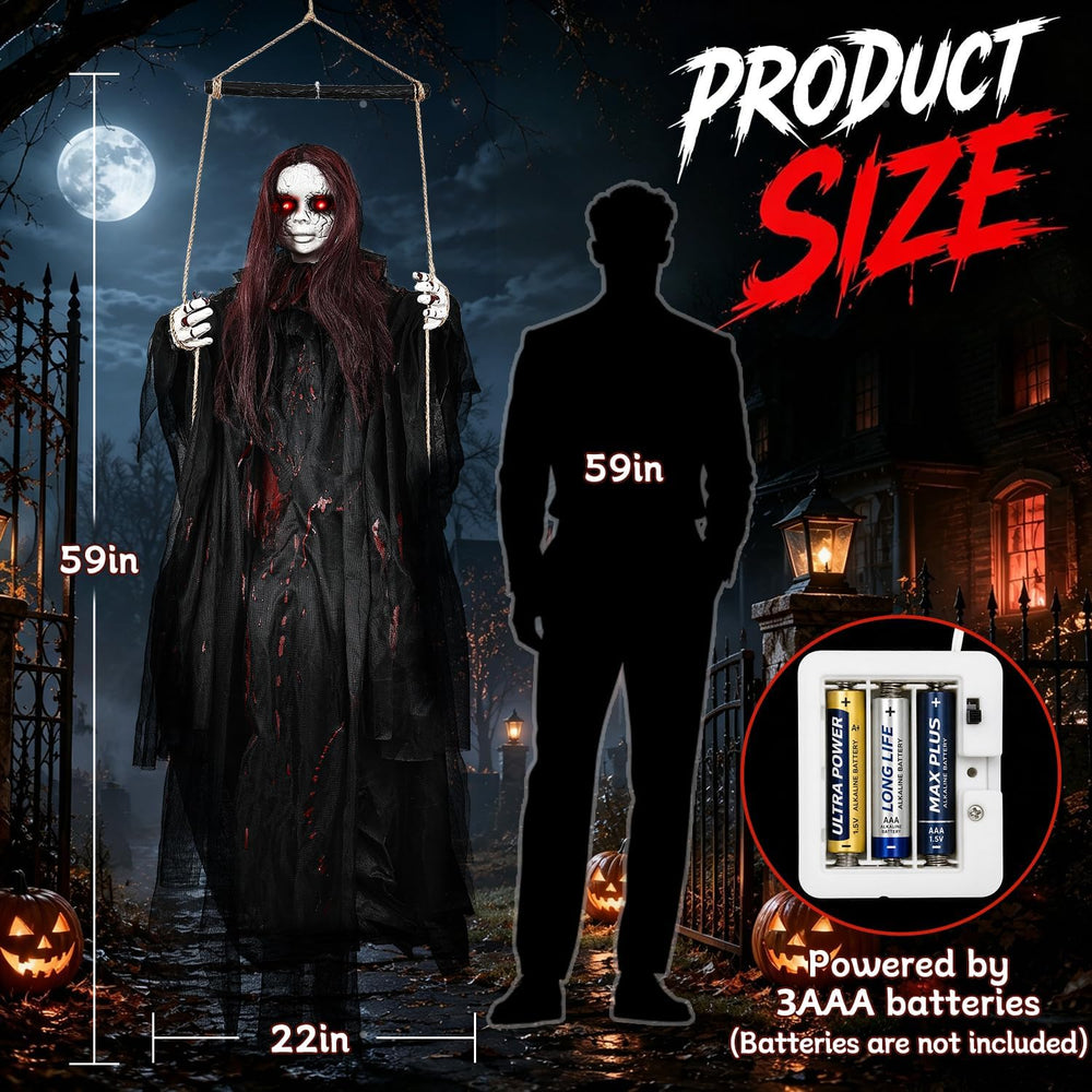 59" Scary Hanging Ghost Girl Halloween Decoration – Sound & Touch Ac...