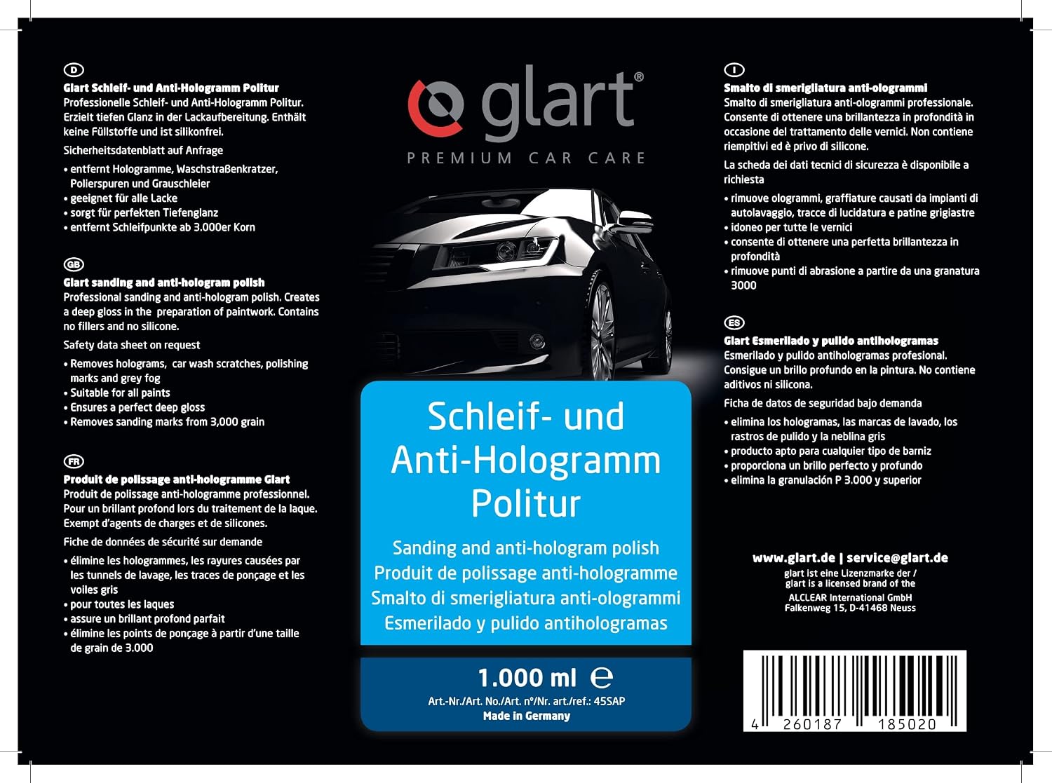 Glart 45SAP Polishing and Anti-Hologram Car and Paintwork Polish, 1,000 ml