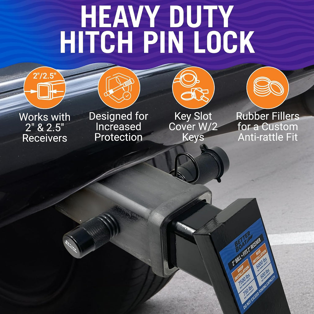 Better Boat Lockable Hitch Pin Lock 5/8 Inch, Keyed for 2 Inch Receiver, Trailer Tow and Bike Rack, 3.5 Inch Pin, Towing Accessories