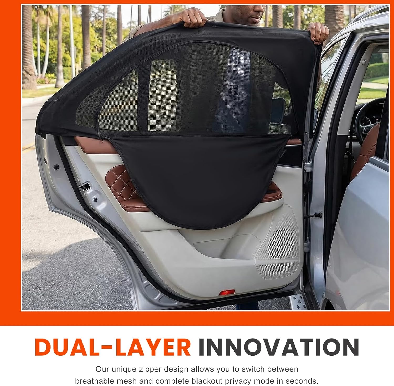 Car Window Shades, Breathable Mesh Front Side Window Screen Privacy Shade with Zipper, Stretchable Net Curtain Sun & Heat Protection Cover for Most Car Side Windows