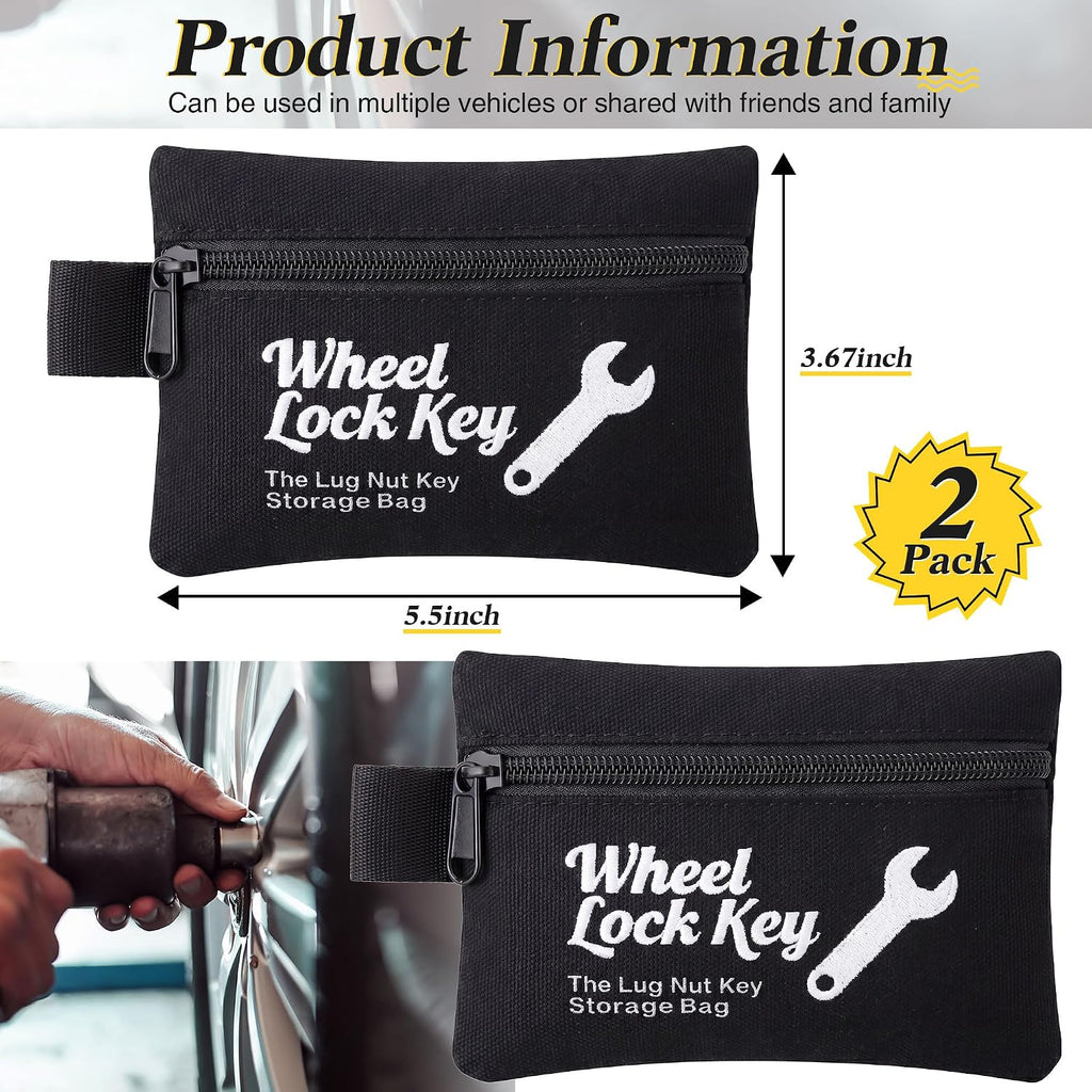 Saillong 2Pack Wheel Lock Key Storage Pouch, Canvas Wheel Lock Key Storage Bag with Zipper, Easily and Safely Stores Locks, Locking Nuts, Nut Keys Spare Lug Nuts, and More(Black)