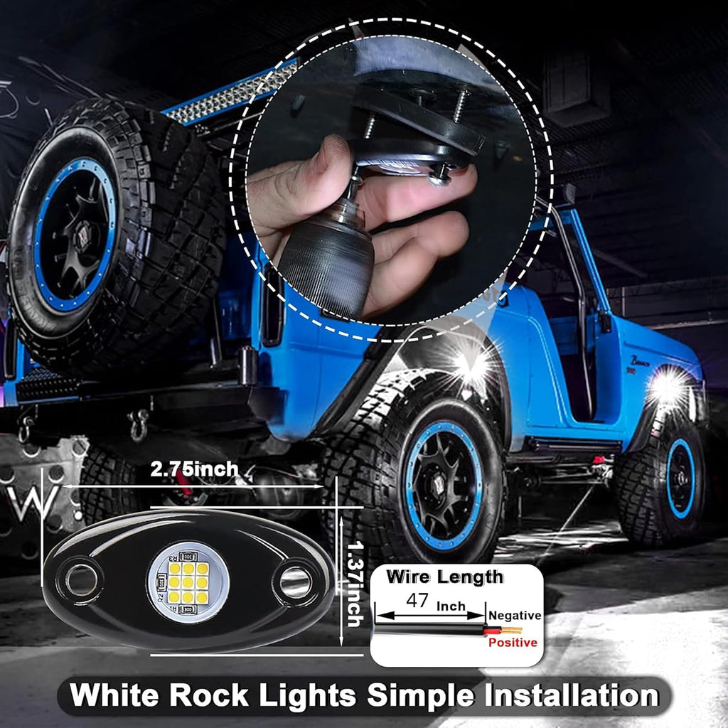 24 Pods White Led Rock Lights，Automotive General Under Body Neon Glow Led Pure Light Kit Ip68 Waterproof 3.8ft Extension Wires for Car Truck Boat Rv ATV Utv SUV RZR Motorcycle Trail Rig Lamp（White）