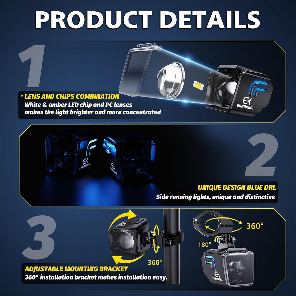 Motorcycle LED Fog Lights 2 Inch White/Amber Dual Color LED Pods Auxiliary 4 Modes Strobe Square Driving Light Spotlights with Blue Backlight for ATV UTV Off-Road Truck Pickup Tractor RV