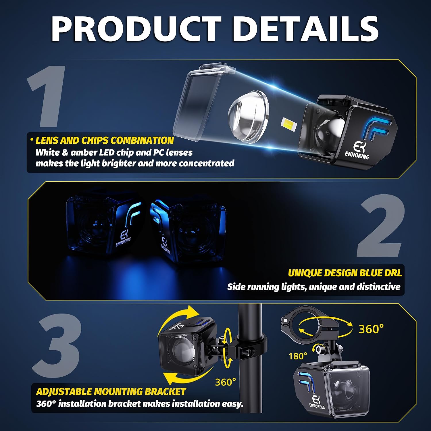 Motorcycle LED Fog Lights 2 Inch White/Amber Dual Color LED Pods Auxiliary 4 Modes Strobe Square Driving Light Spotlights with Blue Backlight for ATV UTV Off-Road Truck Pickup Tractor RV