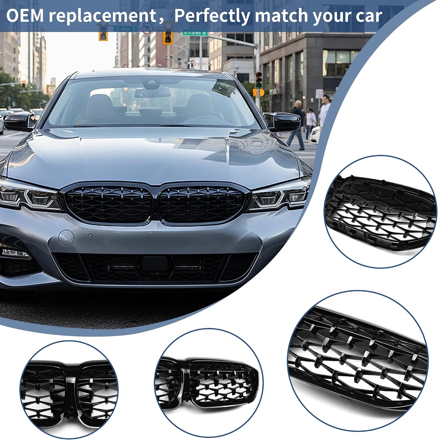 G20 Black Kidney Grill for BMW 2019-2022 3 Series G20 330i 340i | 3 Series G20 316i 318i 320i 328i 330i 335i 340i, Black Grille Black Diamond