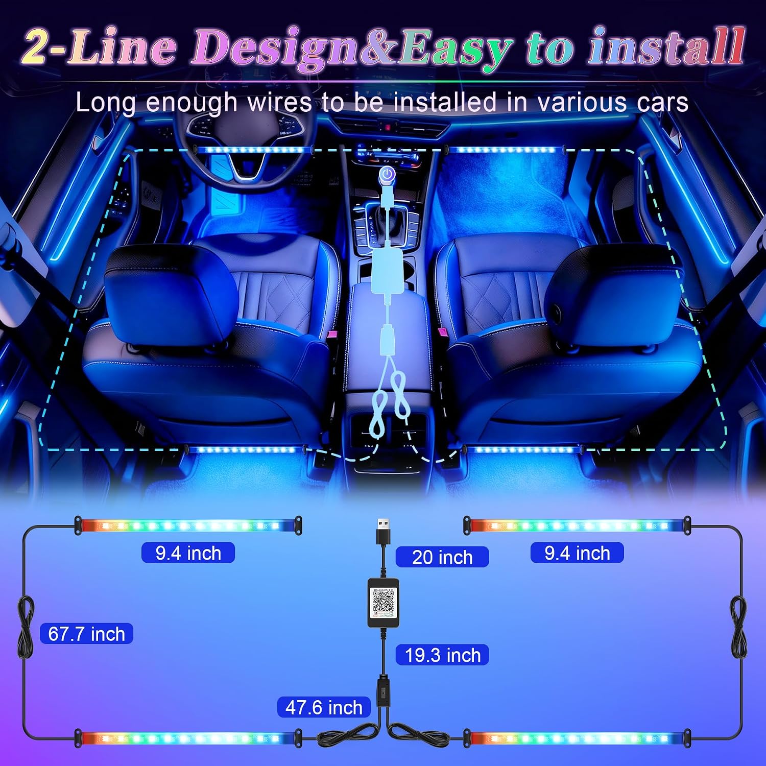 iFunyLED Smart Car Interior LED Lights with App Control, RGB Lights with DIY Mode and Music Mode, 2 Lines Design and Wireless Remote Control, Car Accessories for Women