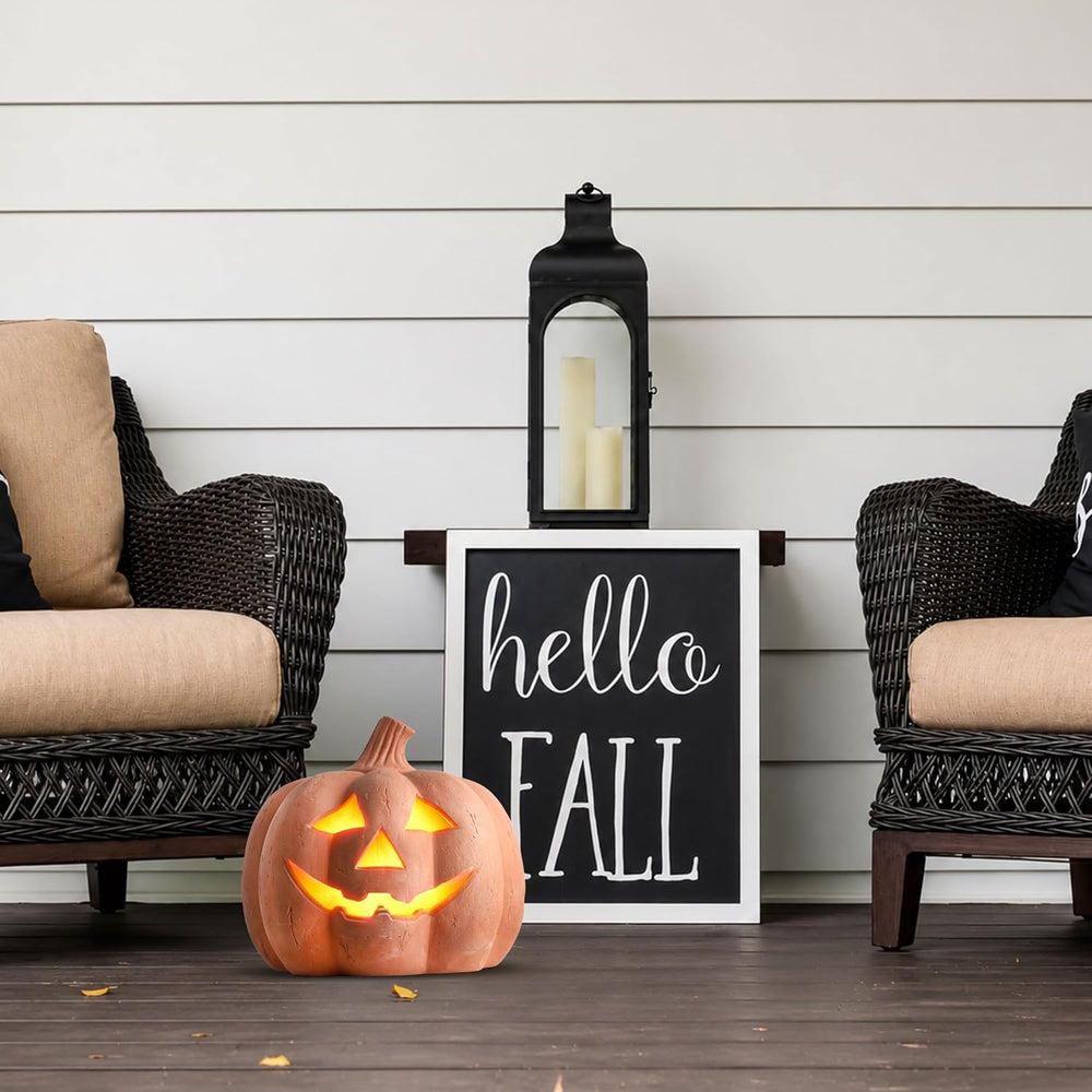 Halloween Lighted Terracotta Jack O Lantern Pumpkin 9.8 Inch Decor (Medium)