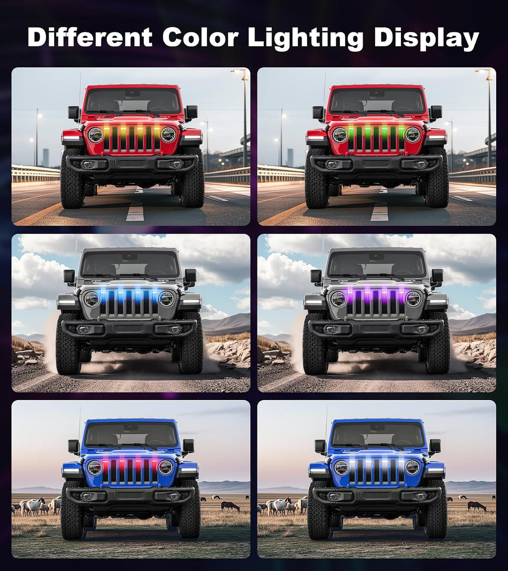 Grill Lights for Jeep Wrangler JL JLU Front Bumper Grille LED Running Marker Lamp Accessories (RGB, 2018-2023)