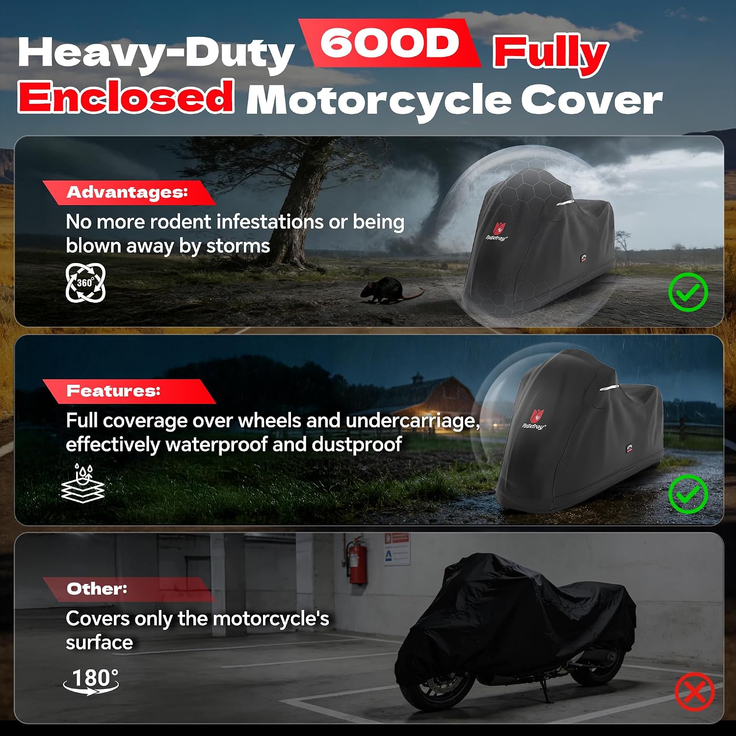 Full Enclosed Motorcycle Cover,600D Waterproof Motorcycle Cover Outdoor/Indoor UV Resistant with Reflective Strips Fits Length up to 96.5" Motorcycles Yamaha Honda Harley Suzuki Black
