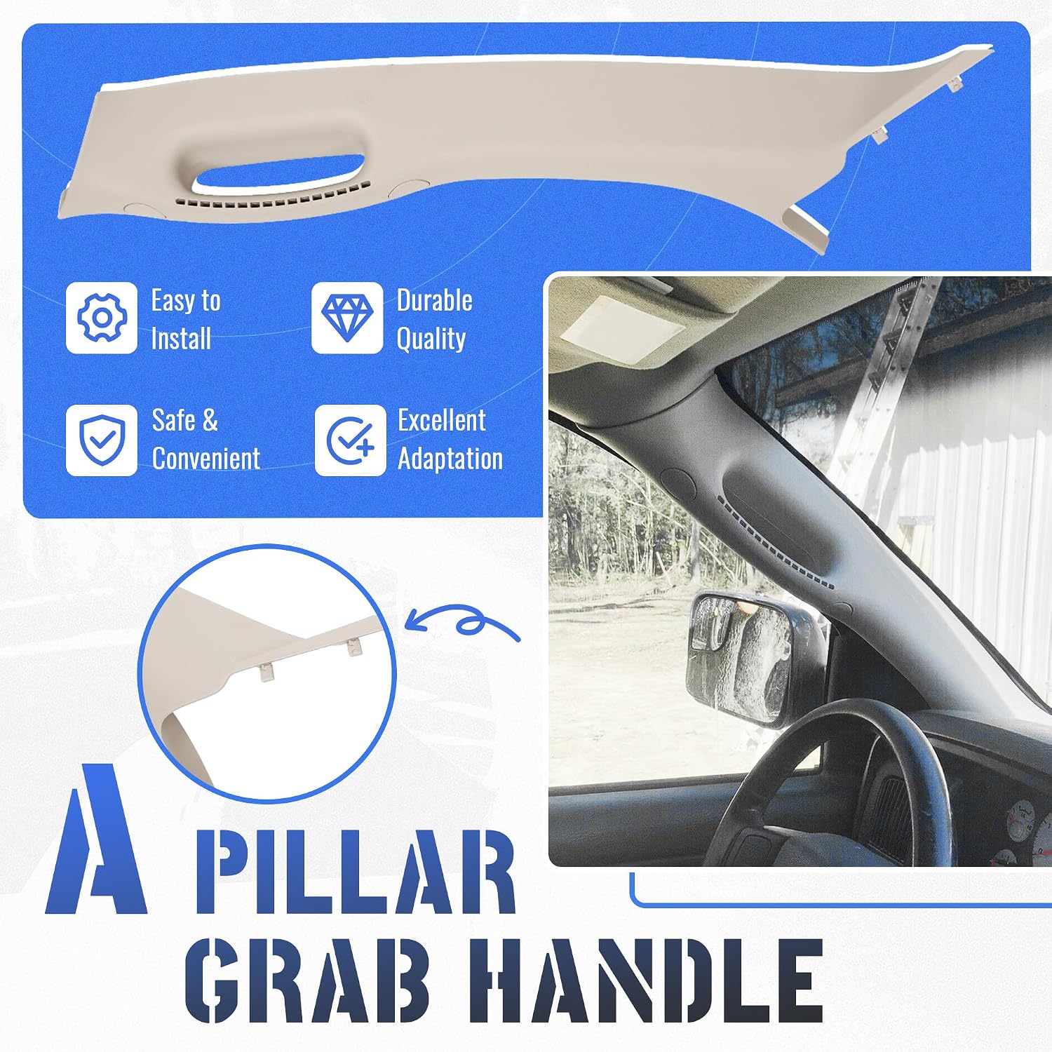 HECASA Front Left A Pillar Grab Handle Molding Trim Fits 2002-2010 Dodge Ram 1500 2500 3500 Pickup Truck Replacement for 1TE75BD1AA 5GR29TL2AF Driver Side Windshield Post Interior Trim Beige