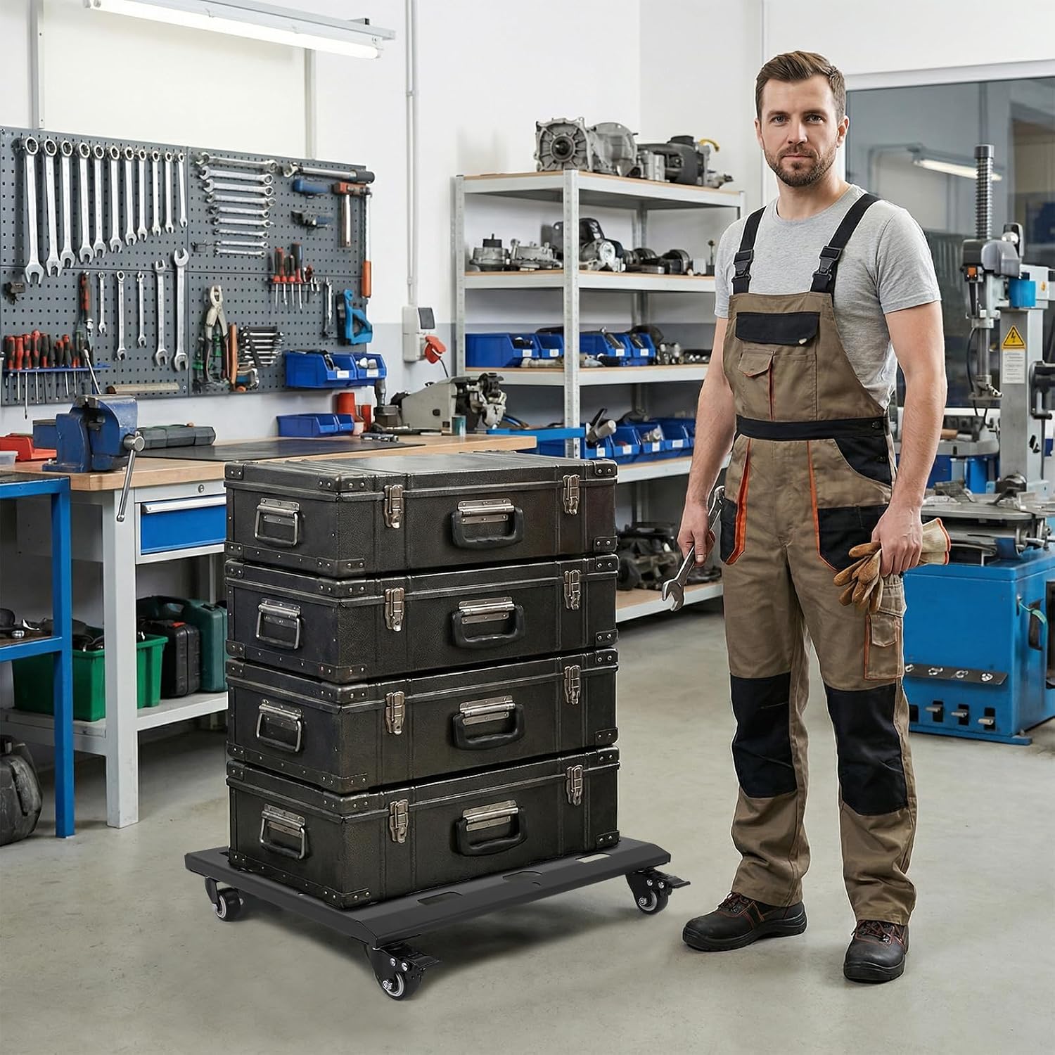 Heavy Duty Tool Box Dolly with Swivel Casters, Supports 200LBS, Carbon | Heavy duty tool box dolly with carbon steel frame, compatible with packout toolboxes, 360° locking wheels, supports over 200