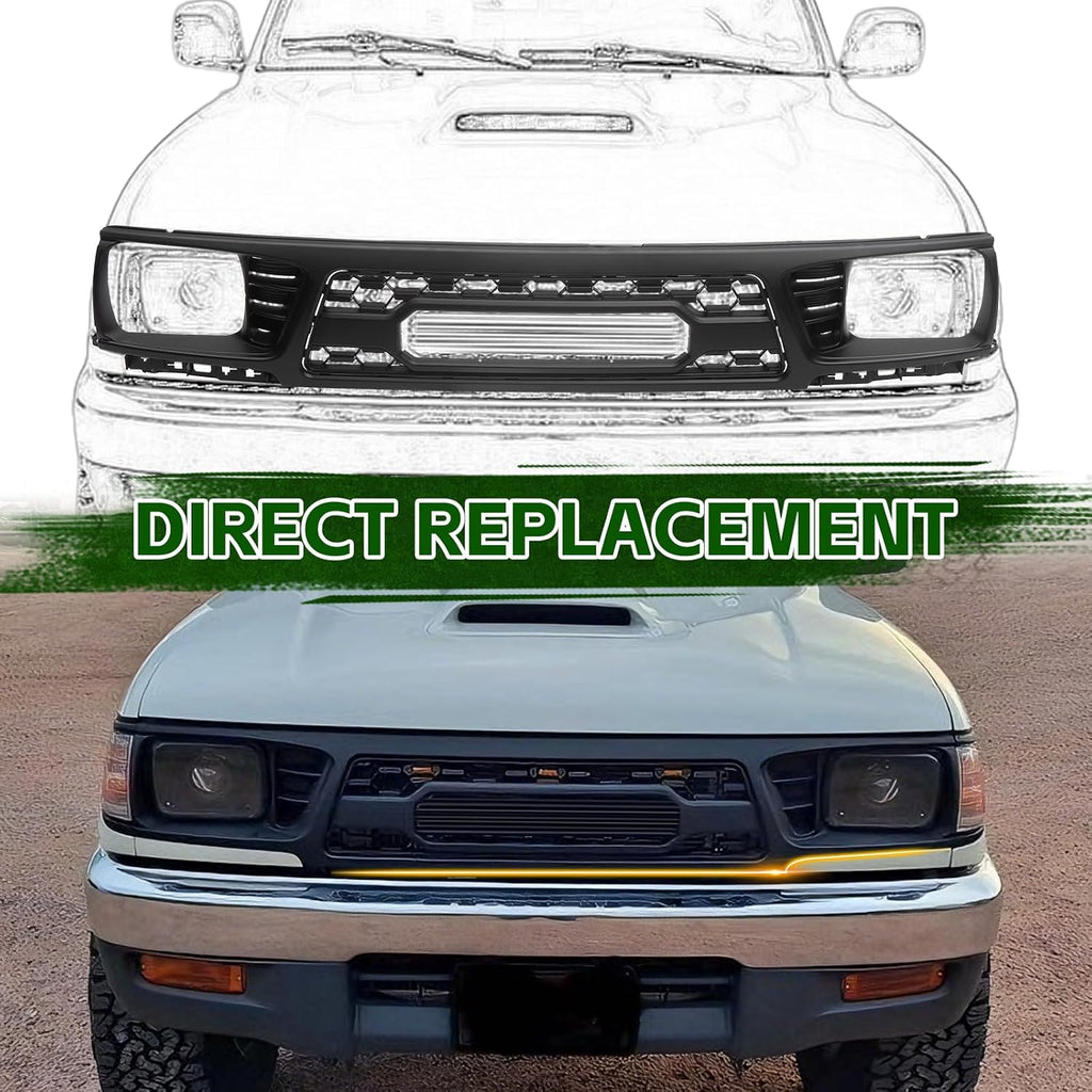 Grille Assembly Compatible with 1995-1997 Tacoma Base & DLX & SR5 Extended Cab Pickup 2-Door/Base & DLX Standard Cab Pickup 2-Door, Front Upper Grill with Lights&Letters Matte Black Molding