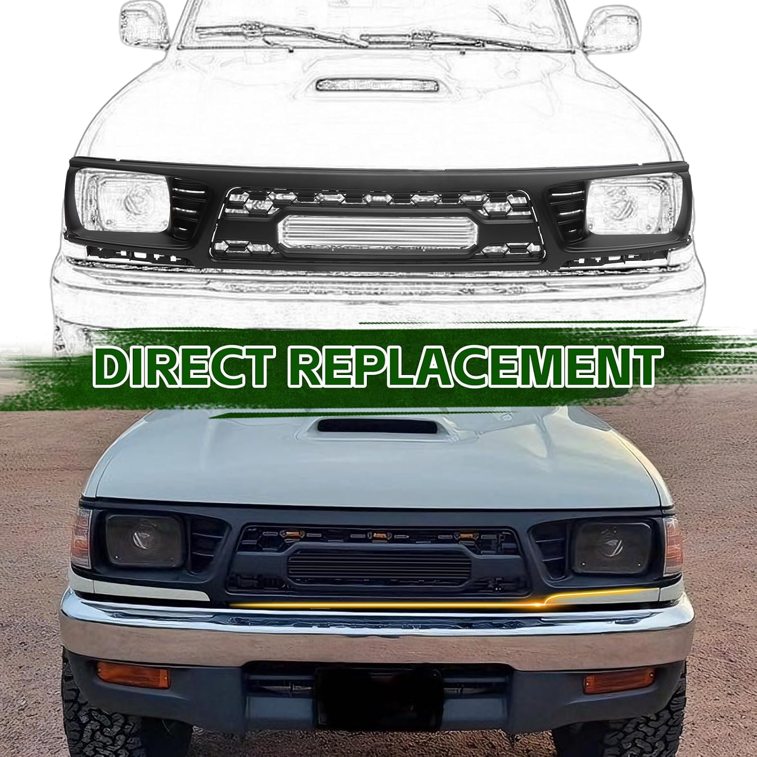 Grille Assembly Compatible with 1995-1997 Tacoma Base & DLX & SR5 Extended Cab Pickup 2-Door/Base & DLX Standard Cab Pickup 2-Door, Front Upper Grill with Lights&Letters Matte Black Molding