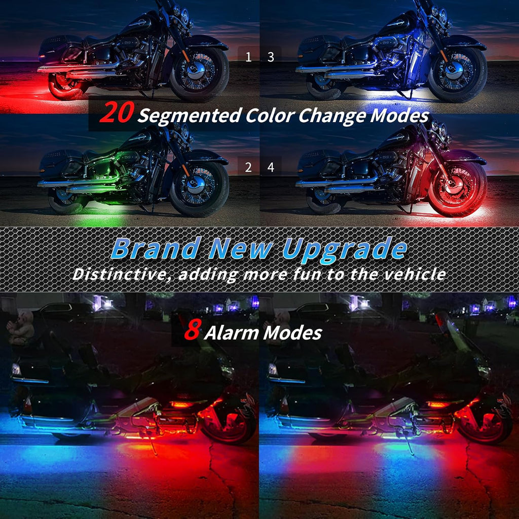 8PCS Segmented Motorcycle RGB LED Light Kits with Brake Turn Signal, Underglow Lights with APP/Dual Remote, Multicolor 12v Waterproof Underbody Neon Strips Lights for Harley Honda Kawasaki