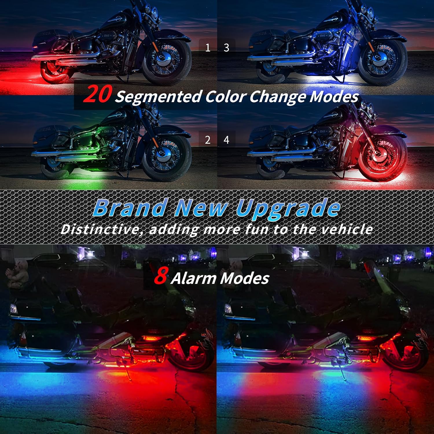 8PCS Segmented Motorcycle RGB LED Light Kits with Brake Turn Signal, Underglow Lights with APP/Dual Remote, Multicolor 12v Waterproof Underbody Neon Strips Lights for Harley Honda Kawasaki