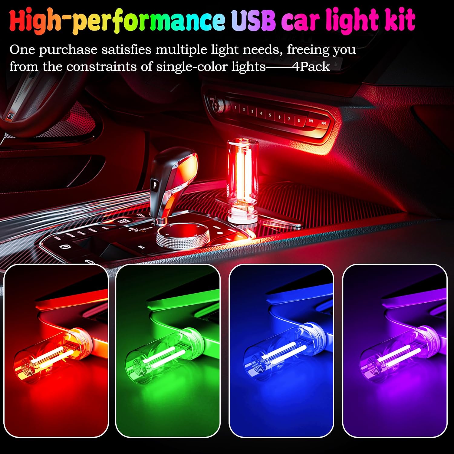 4 PCS USB Touch Dimmable Retro Glass Bottle Car Night Light | Portable design, 4 colors: Red Blue Green Purple, fits car interior, bedroom, hallway, indoor outdoor decor