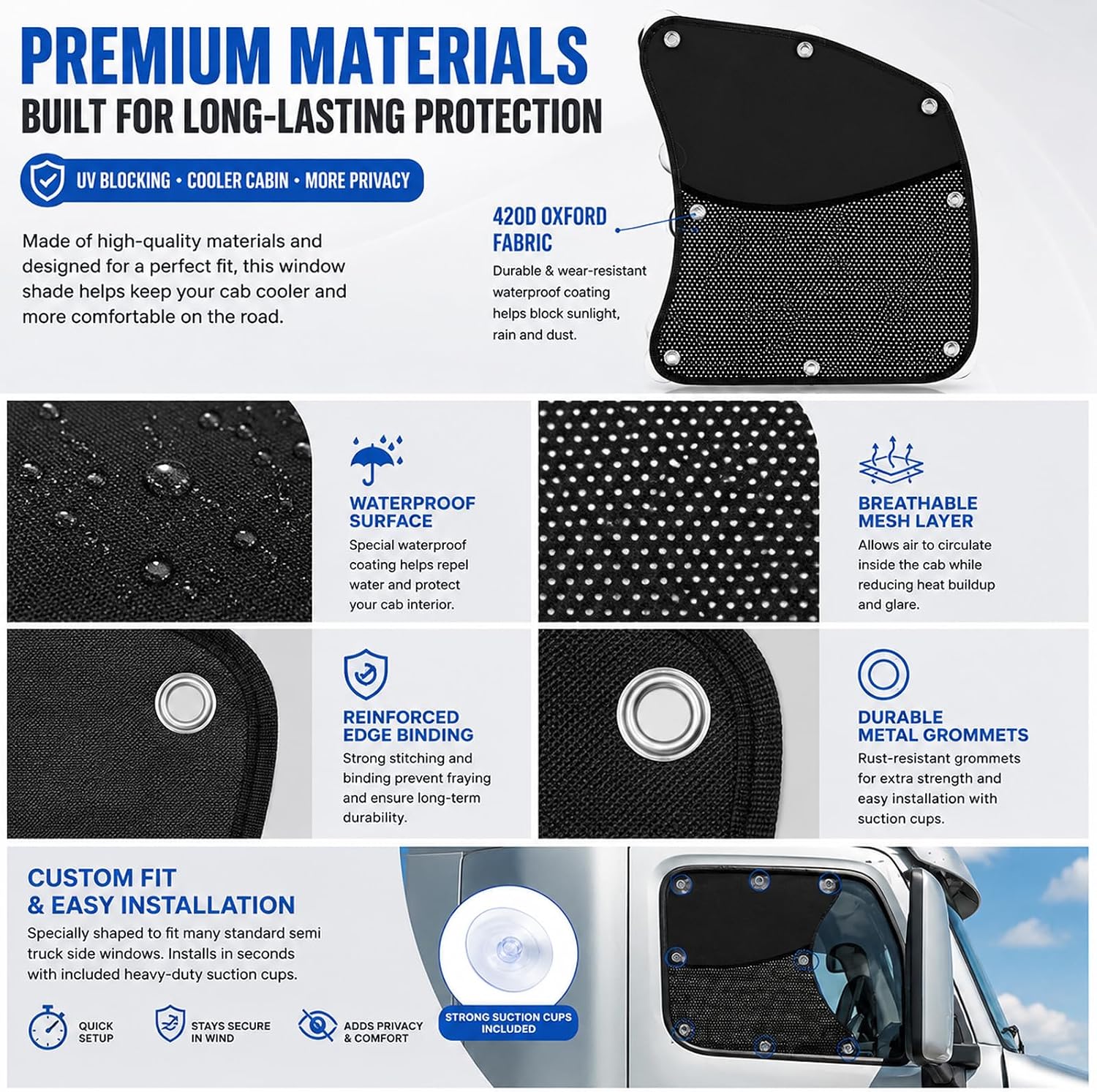 Semi Truck Side Window Sun Shades for Hino 258LP 2015-2026, 2 Pack Breathable Privacy Mesh Window Covers with 8 Suction Cups, Driver & Passenger Side | Helps reduce cabin heat, maintains outside visibility, flexible fabric, everyday travel ready