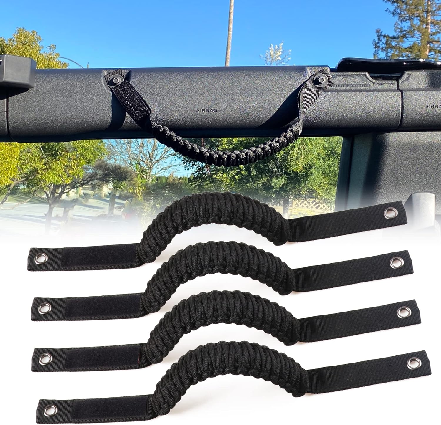 sukemichi for Bronco Grab Handles, Paracord Roll Bar Grab Handles for 2021 2022 2023 2024 2025 2026 Ford Bronco Accessories 4 Door 2 Door, Black, 4 Pack