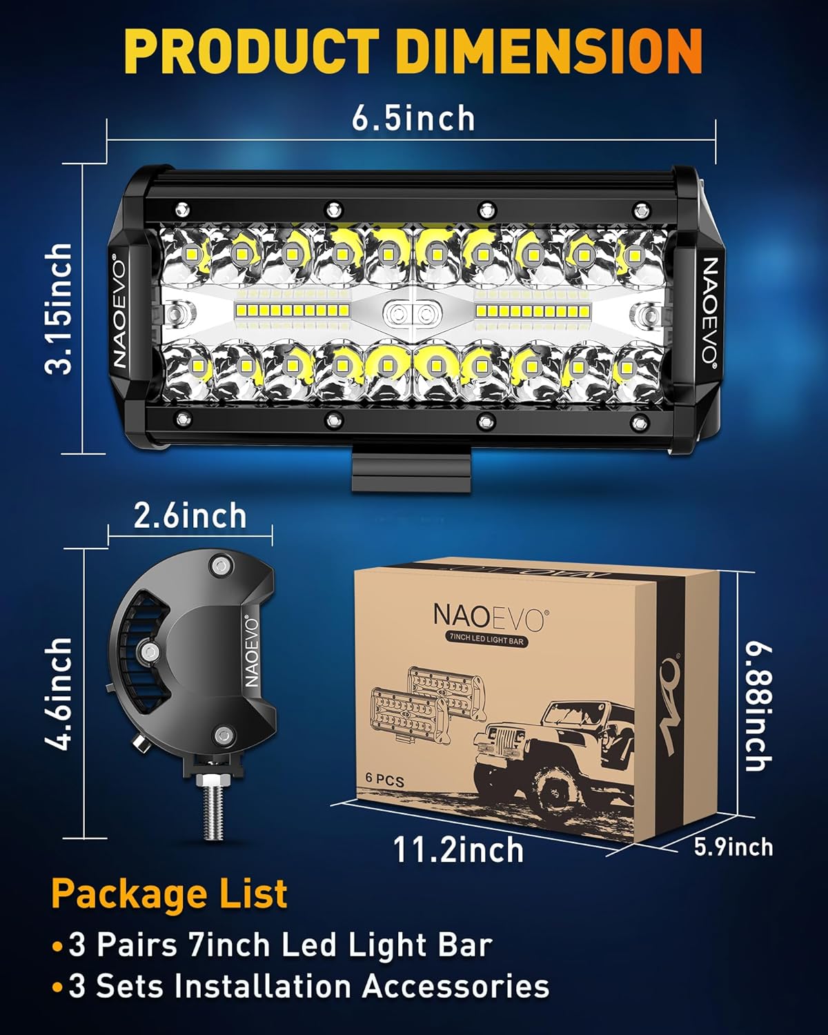 naoevo 7 inch led light bar, 720w 72,000lm showing dimensions