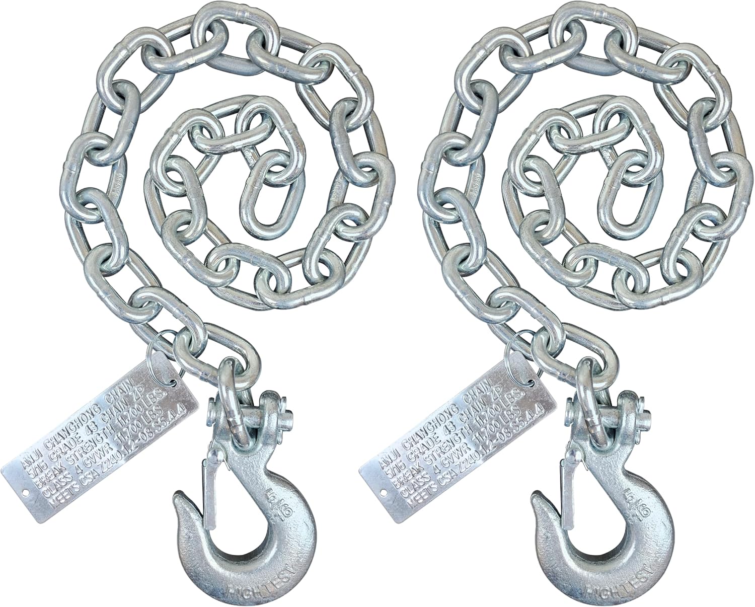 Heavy Duty Boat Trailer Safety Chains, Towing Chain With Hook On One End, 2pcs, Class 4 Trailer Chains With Breaking Strength As 8/0-7600lbs, 5/16"-11700lbs, 3/8"- 16200lbs. (3/8"x30")
