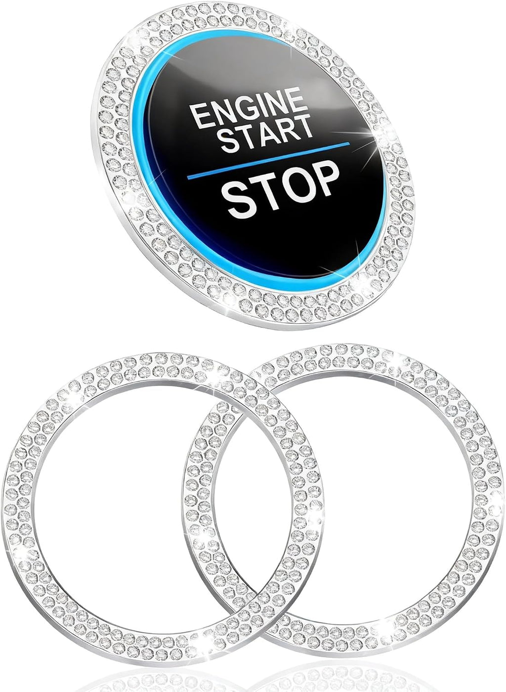 2PCS Crystal Rhinestone Car Engine Start Decoration Ring, Push to Start Button Cover Stickers, Combinatorial Bling Car Interior Accessories for Women (Double row - Silver)