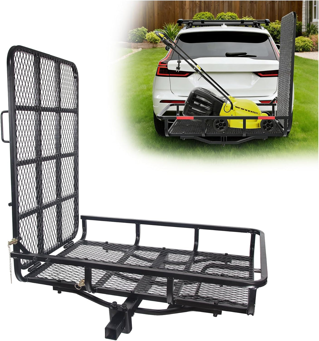ECOTRIC Hitch Mount Wheelchair Carrier with Mobility Ramp for Wheelchair | Scooter Lawn Mower Snow Blower Hauler 500lb Capacity Basket-Style, 73lbs Weight