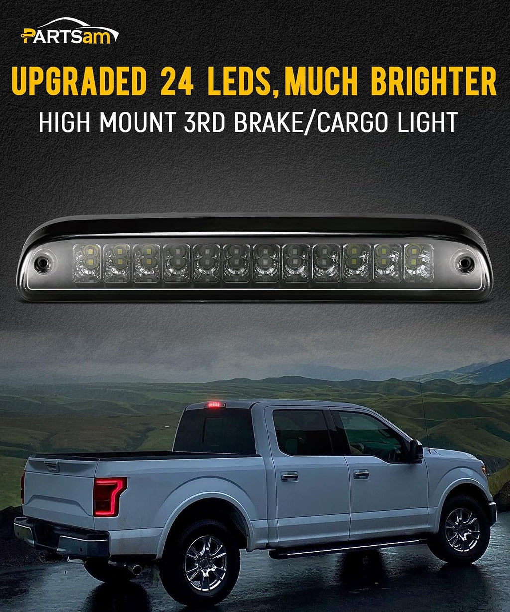 Partsam Red/White 12 LED Smoke Lens Chrome Housing Tail High Mount 3rd Third Brake Light Cargo Lamp Waterproof Replacement for Ford F-250 F-350 F-450 F-550 Super Duty 1999-2016 /Ford Ranger 1993-2011
