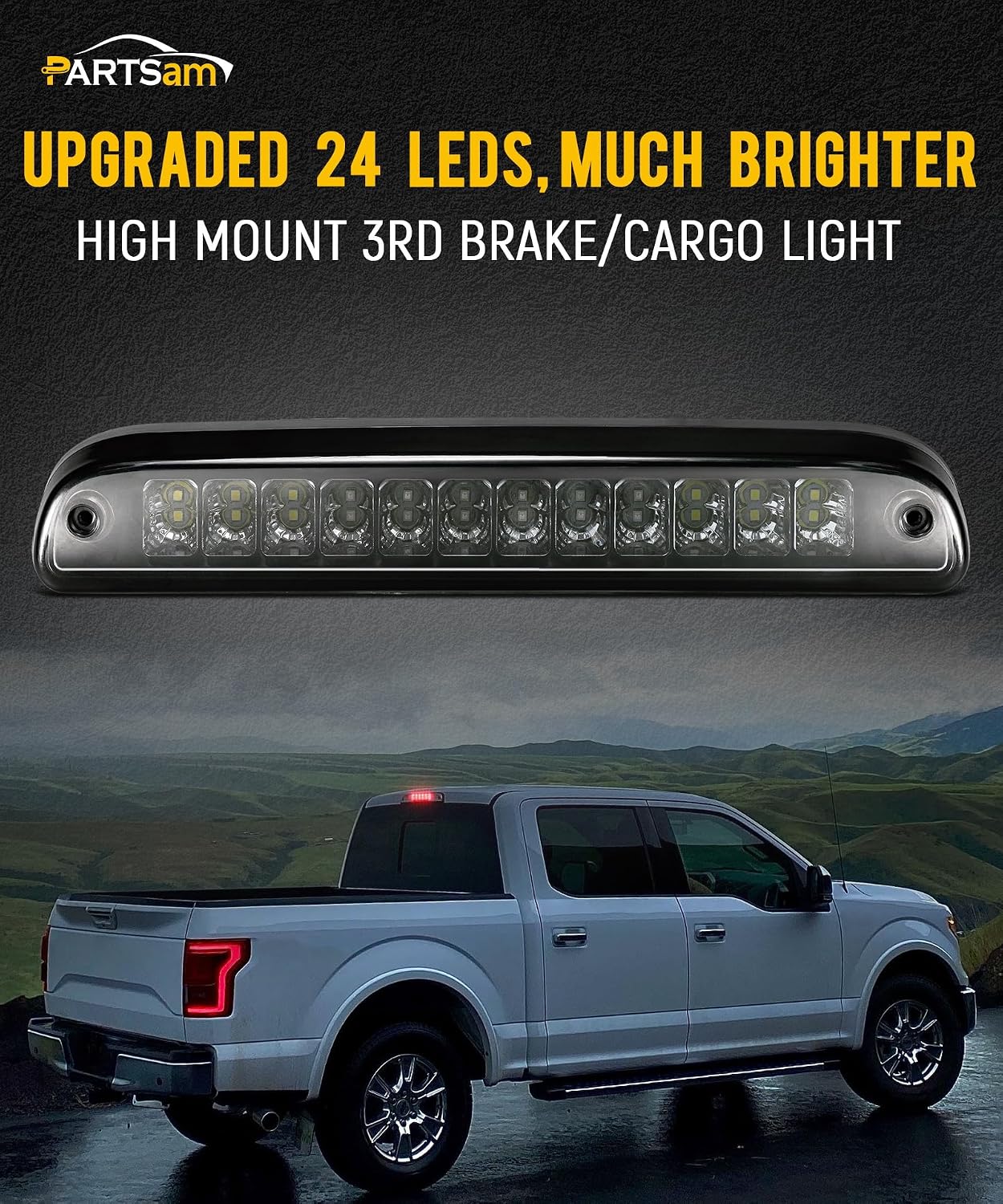 Partsam Red/White 12 LED Smoke Lens Chrome Housing Tail High Mount 3rd Third Brake Light Cargo Lamp Waterproof Replacement for Ford F-250 F-350 F-450 F-550 Super Duty 1999-2016 /Ford Ranger 1993-2011