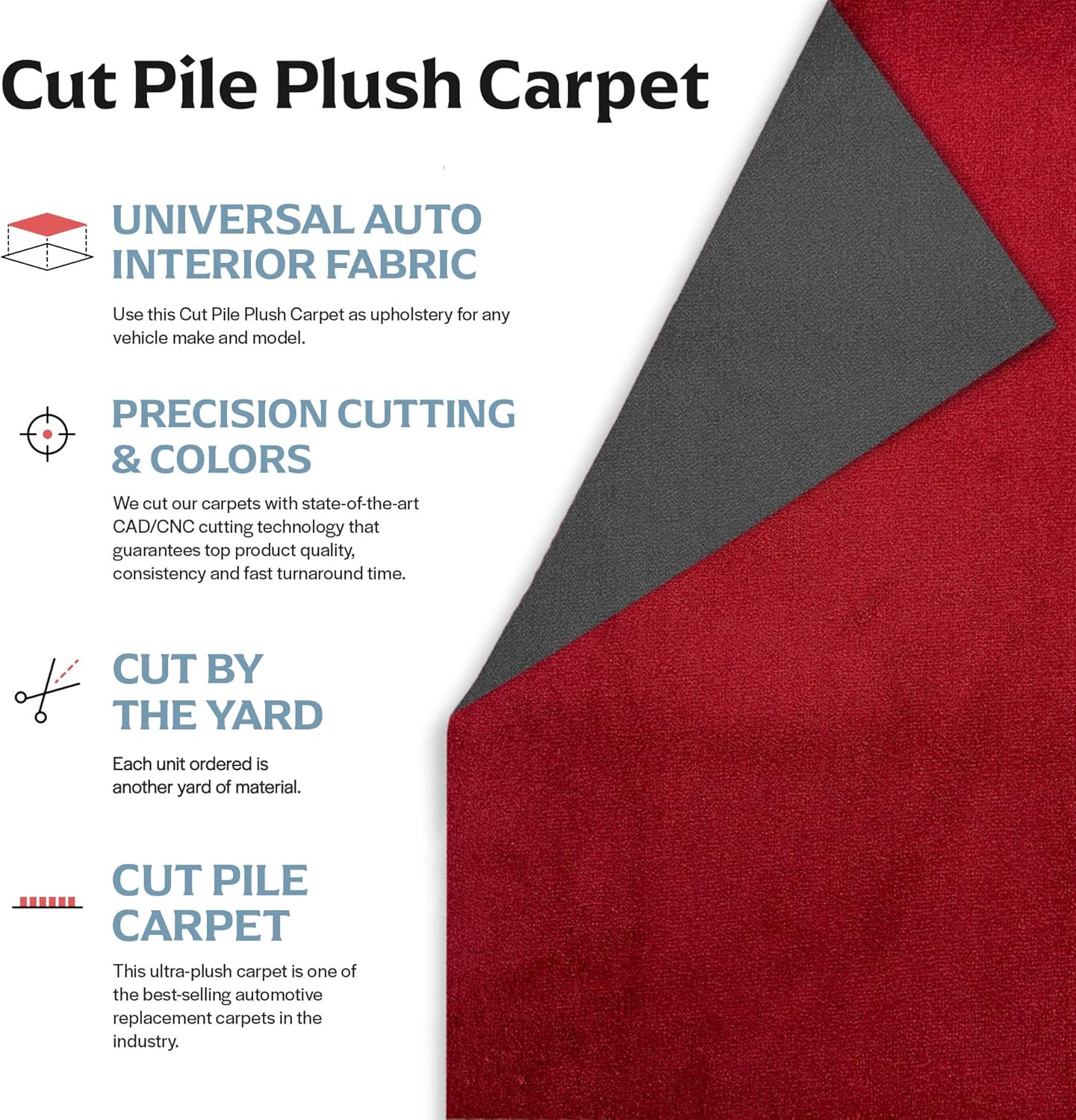 Newark Auto Automotive Cut Pile Plush Carpet, Car Upholstery for Floor Mats, Trunk, Dashboard, Speaker Box, Door Panel, Replacement Carpeting for Vehicle Interior, Truck, 40”W (Red)
